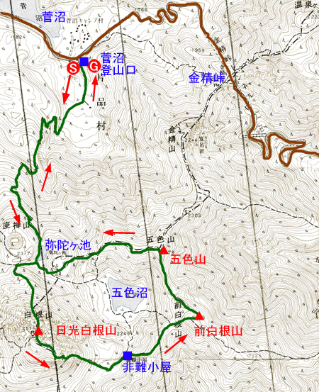 日光白根山登山地図　国土地理院２万５千分の１地形図