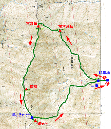 北アルプス　常念岳・蝶ヶ岳　登山地図　国土地理院２万５千分の１地形図