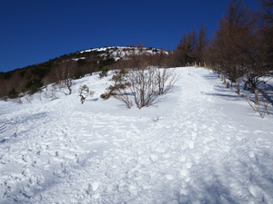 湯ノ丸山登山　斜面が急になるとスノーシューのヒールリフトが活躍