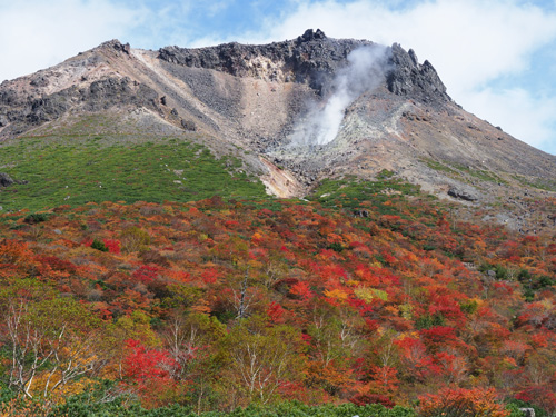那須岳・茶臼岳の紅葉は、黄色、赤色、橙色の紅葉真っ盛り